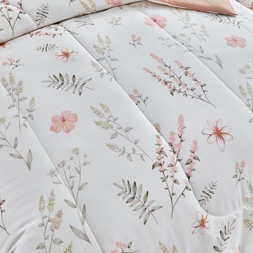 Joyreap 7pcs Cotton Comforter Sheet Set for Girls, Queen Size Bed in a Bag, Pink Flowers n Leaves Botanical Design, Soft n Cozy Kids Bedding Comforter Set for All Season- 88x88 inches Joyreap