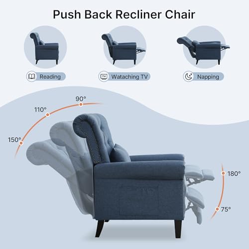 choairy Pushback Recliner Chair, Accent Push Back Chair with Adjustable Footrest, Upholstered Linen Fabric Reclining Sofa with Side Pocket, Comfy Modern Armchair for Living Room, Navy Blue