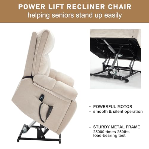 RHHVVR Oversized Power Lift Recliner Chair with Massage and Heating, 24.8" W Big Lay Flat Lift Recliner for Elderly, Medium-Firm Electric Recliners with Hidden Cup Holders,Beige RHHVVR