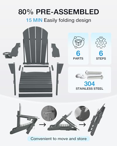 Serique Folding Adirondack Chair Wood Texture, Patio Chair Weather Resistant, Outdoor Chair, Lawn Chair with Cup Holder, Fire Pit Chair for Deck, Outdoor, Porch, Backyard, Garden (Grey) Serique