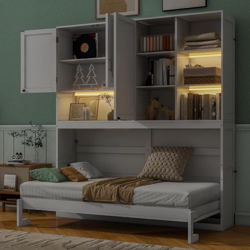 MERITLINE Twin Horizontal Murphy Bed with Storage Cabinet, LED Light and Charging Station,Wood Folding Murphy Wall Bed Cabinet with Bookcase and Shelves for Adult (White) MERITLINE
