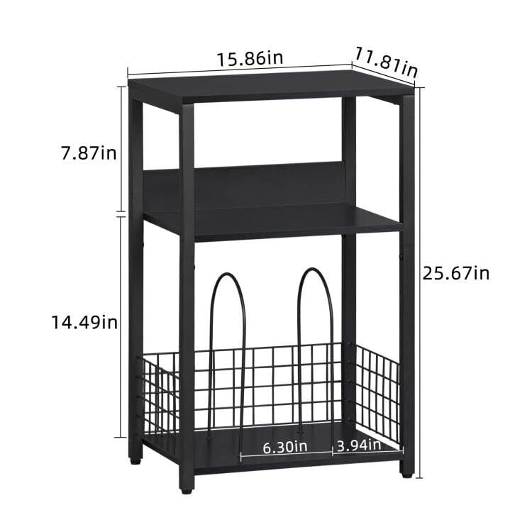 LELELINKY Black End Table, Small Side Table with Metal Frame,Modern Record Player Stand with Storage Shelf, Wood 3 Tier Sofa Bedside Tables, Narrow Nightstand for Living Room Bedroom Office LELELINKY