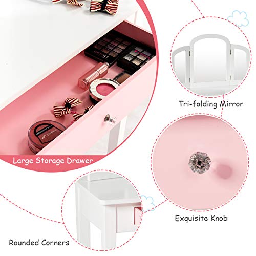 Costzon Kids Vanity, Girls Vanity Set with Tri-Folding Mirror, Stool, Storage Drawer, Princess Toddler Makeup Vanity Desk Dressing Table, Wooden Kids Vanity Table and Chair Set (White) Costzon