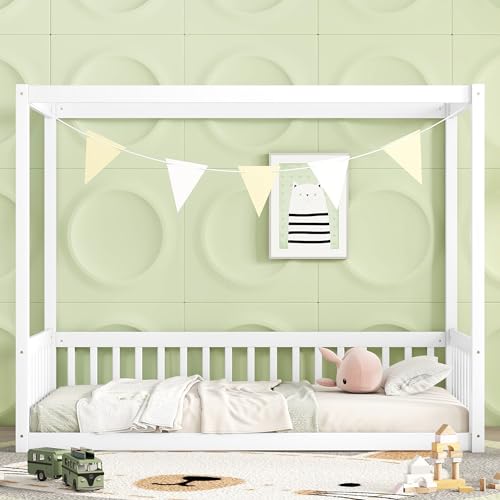 CITYLIGHT White Twin Size Wooden Canopy Bed with Guardrails for Kids CITYLIGHT