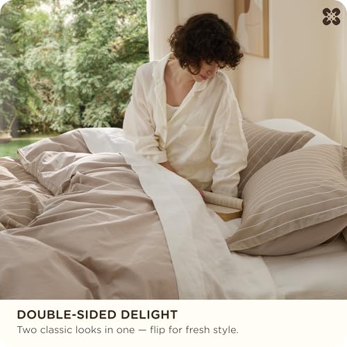 Bedsure Striped Duvet Cover King Size,100% Washed Cotton Duvet Cover Linen Like Textured, Classic Striped Pattern Enhances Bedroom Comfort and Style, Stripes Tan/White, 104"x90" Bedsure