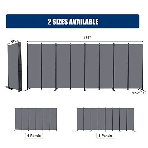 Room Divider Folding Privacy Screens with Wheels, 6FT Tall Divider for Room Separation, Movable Room Partitons and Dividers, Indoor Room Dividers Panel with Fabric (Grey, 8 Panel-176‘’-Flat Base) HOMSCREENER