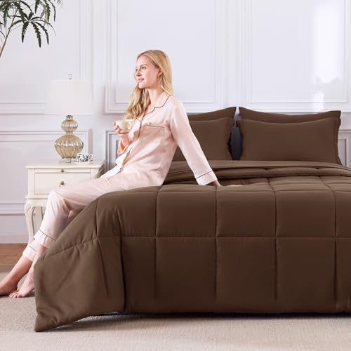 CozyLux Queen Comforter Set Brown - 7 Pieces Bed in a Bag Queen, All Season Breathable Bedding Sets, Oeko-Tex Certified Bed Set with Down Alternative Comforter, Sheets, Pillowcases & Pillow Shams CozyLux