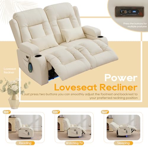 IPKIG Power Loveseat Recliner Sofa, Wall Hugger Reclining Chair with LED Lights, Side Pockets, Cup Holders, Massage & Heating, RV Recliners Couch Dual Sofa Reclinable, White