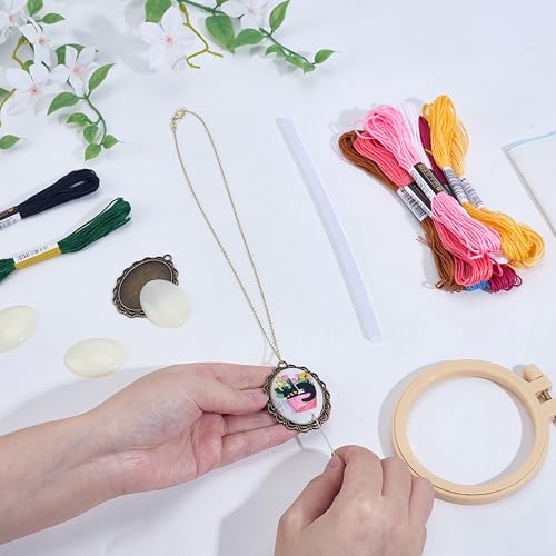 INFUNLY 6 Set Retro Embroidery Pendant Kit for Beginner Cat Plant DIY Embroidery Stitching Necklace Mini Embroidery Stitch Kit Sewing Jewelry Kits with Hoop Instructions for Adults Art Gifts Hanging