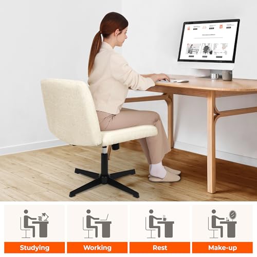 NEO Chair Criss Cross Chair No Wheels Armless Cross Legged Office Desk Wide Comfy Vanity Makeup Chair Adjustable Computer Task for Home Office Fabric (Beige) NEO CHAIR