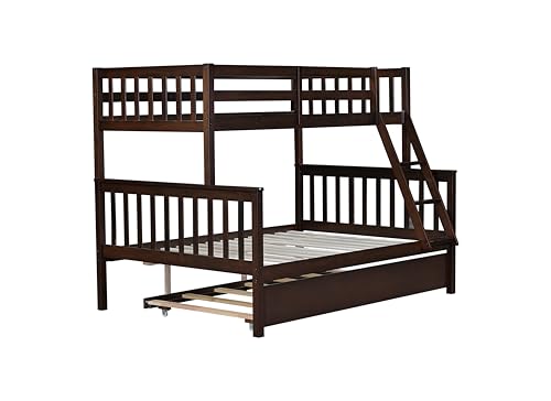 PVWIIK Twin Over Full Bunk Bed with Trundle & Ladder & Safety Guardrail,Convertible to 2 Separated Bed for Kids Adults Teens Bedroom Dormitory,Solid Wood Bunk Bed,Easy Assembly, Espresso PVWIIK