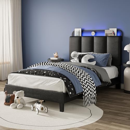 BarnFurin Twin Bed Frame with LED Lights, Upholstered Platform Bed with Storage Headboard, Single Bed Frame, Noise-Free, No Box Spring Needed, Easy Assembly, Black BarnFurin