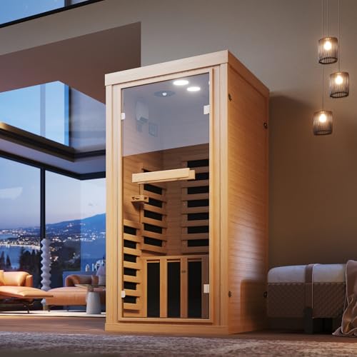 SunSwell 1-2 Person Far Infrared Wooden Sauna Room, Canadian Hemlock Indoor Dry Sauna Spa Room for Low EMF with Bluetooth Speakers and Control Panel, Whole Glass,32.28"x 32.28"x 66.14" SunSwell