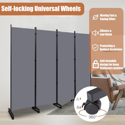 Room Divider Portable 88'' Partition Room Dividers and Folding Privacy Screens 4 Panel Wall Divider for Room Separation,Freestanding Fabric Room Divider Panel with Wheels for Home Office Hospital HOMSCREENER