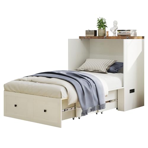 LUXOAK Twin Murphy Bed with Built-in Charging Station and Storage Drawer, Farmhouse Foldable Cabinet Bed for Guest Room, Apartment or Home Office, White LUXOAK