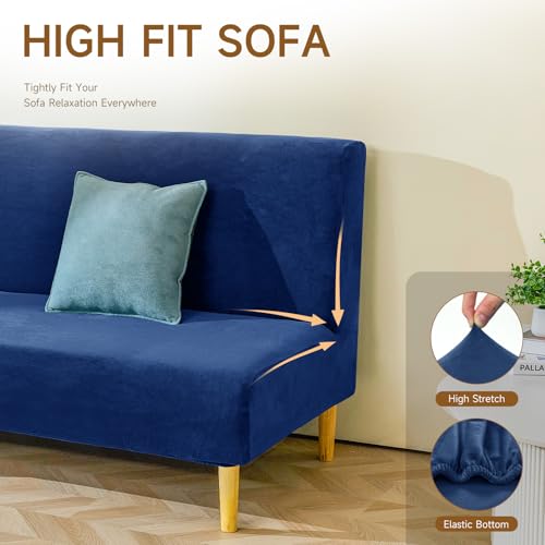 XIAROGEE Armless Futon Cover Velvet Futon Slipcover Soft Stretch Couch Covers with No Arm Sofa Bed Cover with Non-Slip Thick Plush Furniture Protector Washable Couch Slipcovers for Living Room(Navy) XIAROGEE