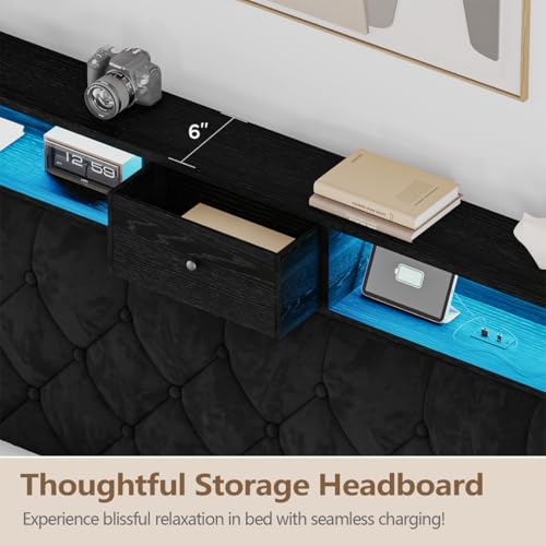 Otevehde LED Full Size Bed Frame with USB Charging Station, Velvet Upholstered Platform Bed Frames with Button Tufted Wingback Storage Headboard, Wooden Slats Support, No Box Spring Needed, Black Otevehde