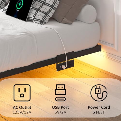 YORMDMO Floating Bed Frame Full Size, Heavy Duty Bedframe with Smart LED Lights & Charging Station, Modern Metal Platform Bed, Easy Assembly No Box Spring Needed, 8 Inch YORMDMO