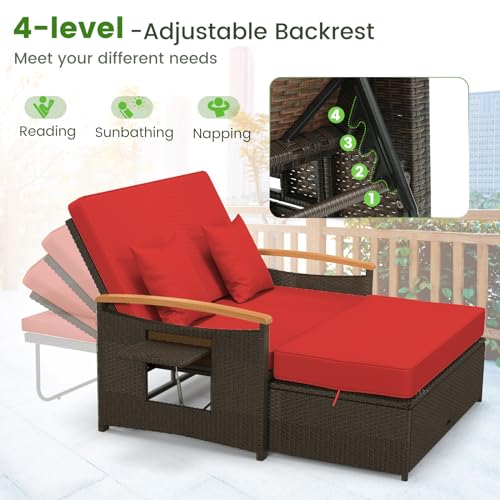 Tangkula Patio Rattan Daybed with 4-Level Adjustable Backrest, Outdoor Wicker Loveseat with Acacia Wood Armrest, Storage Ottoman & Folding Tray, Double Sunbed for Balcony, Backyard & Poolside, Red Tangkula