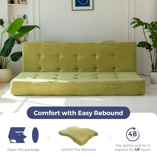 MAXYOYO 8" Full Size Folding Mattress with Handles, Tufted Foldable Couch Bed(Frame Not Included), Versatile Folding Mattress for Floor Sleeping, Living Room & Guest Room, Green MAXYOYO