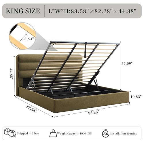 Zanmintaobo Lift Up Storage Bed King Size, Upholstered Platform Bed with Hydraulic System & Wood Slats Support, King Bed Frame with 3-Panel Headboard, No Box Spring Needed, Easy Assembly, Green Zanmintaobo