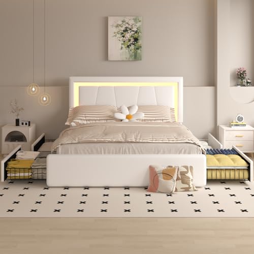 Benevika Full Bed Frame with 4 Storage Drawers and Adjustable Headboard, Upholstered Platform Bed with LED Lights and USB Ports, Solid Wooden Slats Support, Faux Leather, Easy Assembly, Beige Benevika