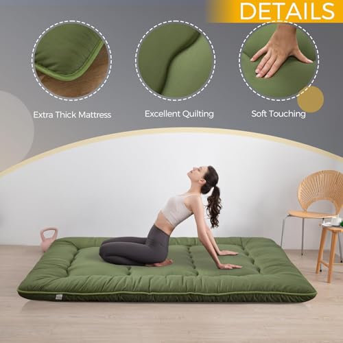 MAXYOYO 6" Extra Thick Japanese Floor Mattress Futon Mattress, Foldable Tatami Pad for Adults, Roll Up Floor Bed for Guest Room Bedroom RV, Green, Queen MAXYOYO