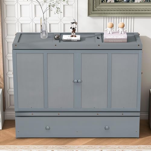 Harper & Bright Designs Queen Size Murphy Bed Cabinet, Solid Pine Wall Bed Chest with USB, Charging Station and Large Storage Drawer for Home Office or Small Room - Gray Harper & Bright Designs