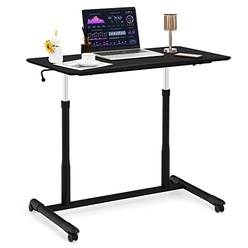 COSTWAY Mobile Height Adjustable Standing Desk, Compact Pneumatic Sit to Stand Computer Desk w/Lockable Casters, Ergonomic Rolling Laptop Table w/Steel Frame for Home Office (Black) COSTWAY
