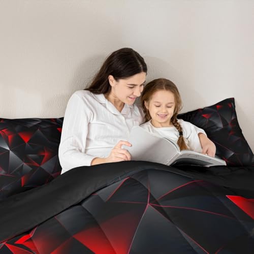 jejeloiu Red and Black Comforter Set Twin Size Kids Geometric Pattern Bedding Set for Boys Girls Teens Adults, Art Aesthetic Duvet Quilt Breathable Soft Room Decor 2Pcs jejeloiu