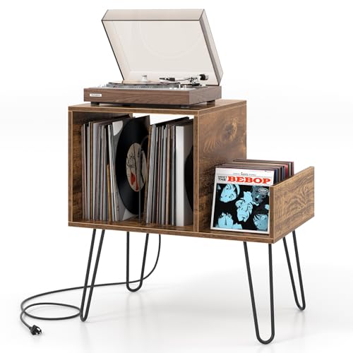 GOFLAME Record Player Stand, Turntable Stand with Charging Station, Vinyl Storage End Table with Metal Legs, Mid-Century Record Player Table for Study, Bedroom, Living Room, Rustic Brown GOFLAME