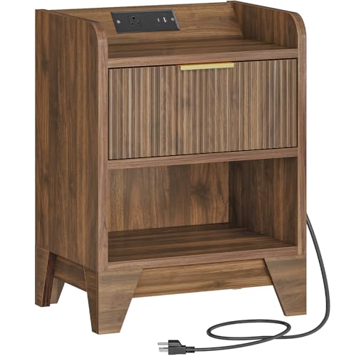 HOOBRO Fluted Nightstand with Charging Station, End Table with Hidden Drawer, Modern Bedside Table, Wooden Night Stand for Bedroom, Study, Dark Walnut WL351UBZ01 HOOBRO