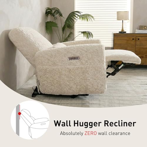 EONIX Real Zero Clearance Wall Hugger Power Recliners for Small Spaces, RV Recliner Chairs with Charging Ports and Side Pokects, 400lbs Heavy Duty, SXXY015, Plush Fabric, Beige