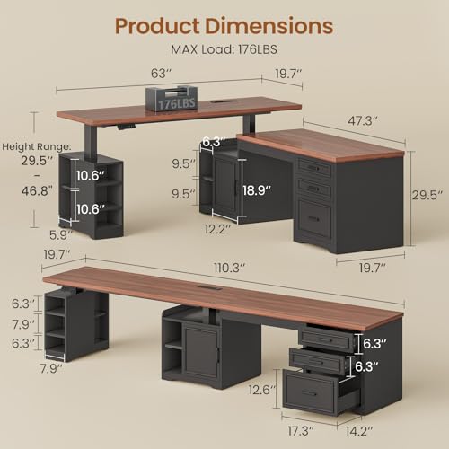 SEDETA Farmhouse L Shaped Electric Standing Desk, 63" x 67" Height Adjustable Home Office Executive Desk with Drawers and Shelves, Standing Computer Desks with Power Outlet for Home Office, Black SEDETA