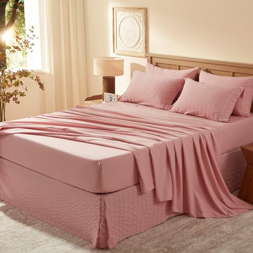 Laojin Balhen Twin Comforter Set 5 Pieces, Pink Seersucker Bed in a Bag Set Twin Size, All Season Luxury Bedding Sets with Comforter, Sheets, Pillowcase & Sham Laojin Balhen