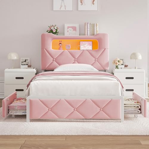 Twin Upholstered LED Bed Frame with 2 Storage Drawers and 2-Tier Storage Bookcase Headboard, Velvet Princess Platform Bed for Kids/Girls/Boys, Heavy Duty Metal Support, No Box Spring Needed, Pink Jocoevol
