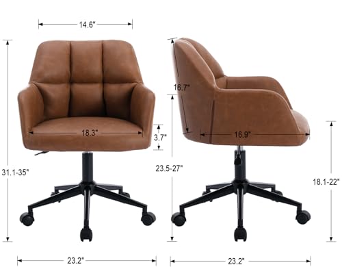 Brown Leather Desk Chair Office Chair with Mid Back Support Armrest, Adjustable-Height 360° Swivel Rolling Task Chair Home Office Modern Vanity Chair, Brown BESTANO