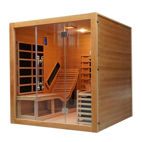 TaTalife Dual System Sauna Room with Recliner, Luxurious Far Infrared & Steam Indoor Saunas, 2-3 Person Red Cedar Home Hybrid Sauna, 220V/ 6KW Harvia Electric Heater, Bluetooth Speaker TaTalife