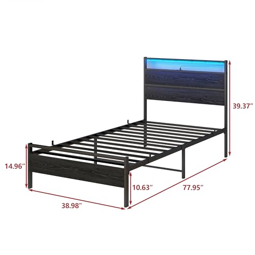 BOFENG Twin Bed Frame with Wood Headboard and USB Charging Station/LED Lights,Metal Single Platform Bed Frame Twin Size No Box Spring Needed,Heavy Duty Metal Slats Support,Noise Free,Black BOFENG