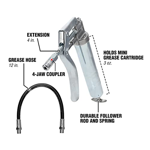 Workforce Mini Grease Gun, for 3 oz. Cartridges, 12 In. Flexible Extension, 4 In. Rigid Extension - L1305 Legacy Manufacturing