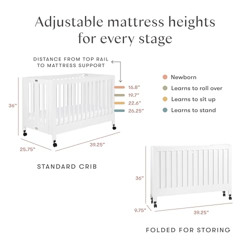 Babyletto Maki 2-in-1 Baby Crib Convertible to Toddler Bed - GREENGUARD Gold Certified Portable Folding Wood Crib w/ Toddler Conversion Kit - 4 Adjustable Heights, Easy to Assemble - White