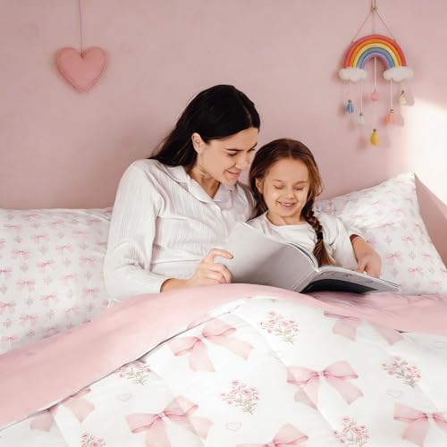 Erosebridal Bow 7 Piece Comforter Set Twin Bed in a Bag for Girls Kids,Girly Pink Floral Coquette Bedding Sets for Child Bow Ribbon Heart Shaped Quilt Dreamy Princess Style Sheet Set with Comforter Erosebridal