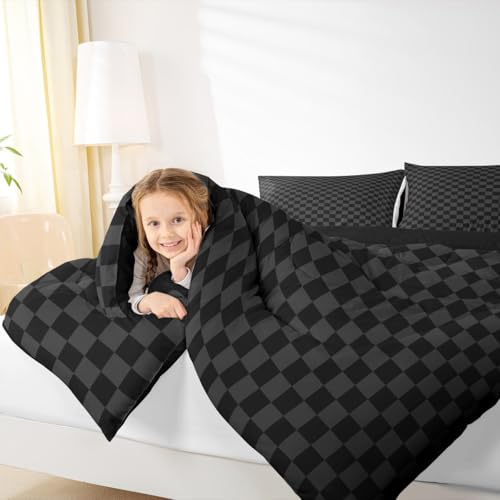 Manfei Black and Gray Checkered Kids Comforter Set,Geometric Plaids Grids Simple Bedding Set All Season,Abstract Checkerboard Buffalo Squares Comforter 2 Pcs with 1 Pillowcase,Twin Size Manfei