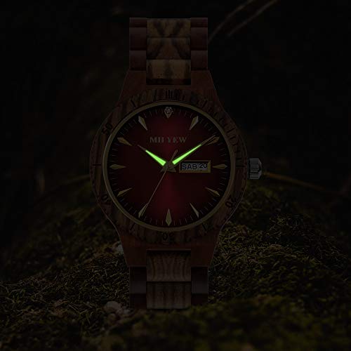 MII YEW Men's Wooden Watch Lightweight Analog Quartz Handmade Wood Watches Red Dial with Date MII YEW