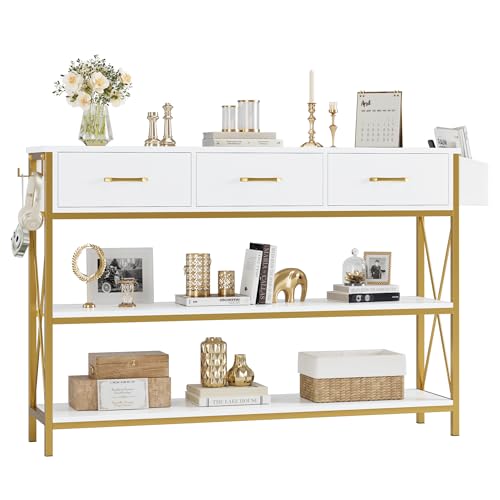 HITHOS 47.2" Console Table with 3 Drawers, Narrow Long Entryway Table with 3-Tier Storage Shelves, Industrial Sofa Foyer Table for Living Room, Hallway, Entry Way, Foyer, Kitchen, White/Gold HITHOS
