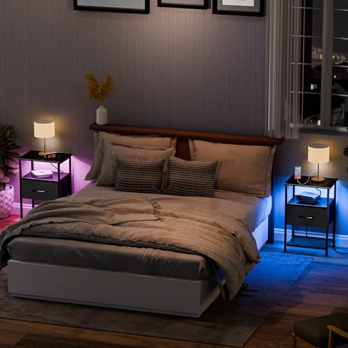 LAKEMID Nightstands Set of 2 with Fast Charging Station and Drawer, End Table Bedside Table with 20 Colors LED Light Strip and 2 Layers Shelf for Bedroom Living Room Sofa Couch (Black) LAKEMID