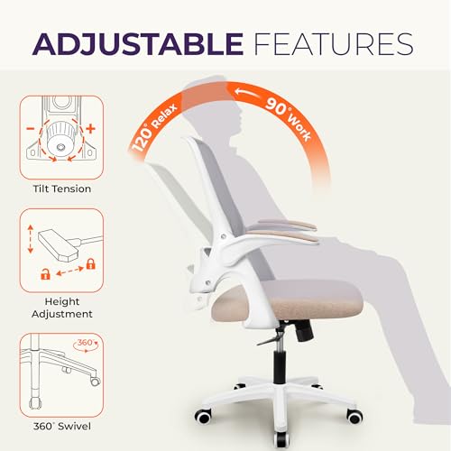 NEO CHAIR Office Desk Computer Gaming Ergonomic Chair with Lumbar Back Support Adjustable Height Swivel Wheels Flip-up Arms Mesh Chair for Home or Office (Beige) NEO CHAIR