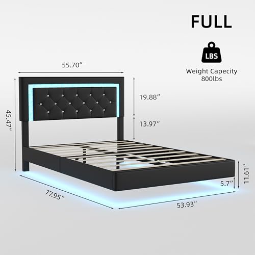 AILUNWALL Floating Bed Frame Full with LED Light, Upholstered Queen Bed Frame with Headboard, Solid Wood Slats Support, Noise-Free, Easy Assembly, No Box Spring Needed (Black, Full) AILUNWALL
