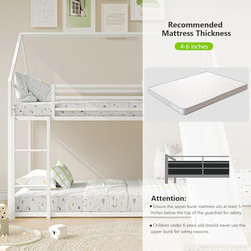 YIORTWO House Bunk Bed Twin-Over-Twin Low Metal Frame with Roof Fun Convertible Slide & Full Safety Guardrails Durable Toddler Bunk Bed with Montessori Floor Design,White YIORTWO