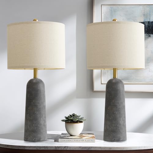BOBOMOMO 27.25" Modern Table Lamp Set of 2, Gray Resin Lamp with Natural Stone Look, Lamps for Living Room with Linen Shades, Nightstand Lamp for Bedroom, Living Room, Entryway BOBOMOMO